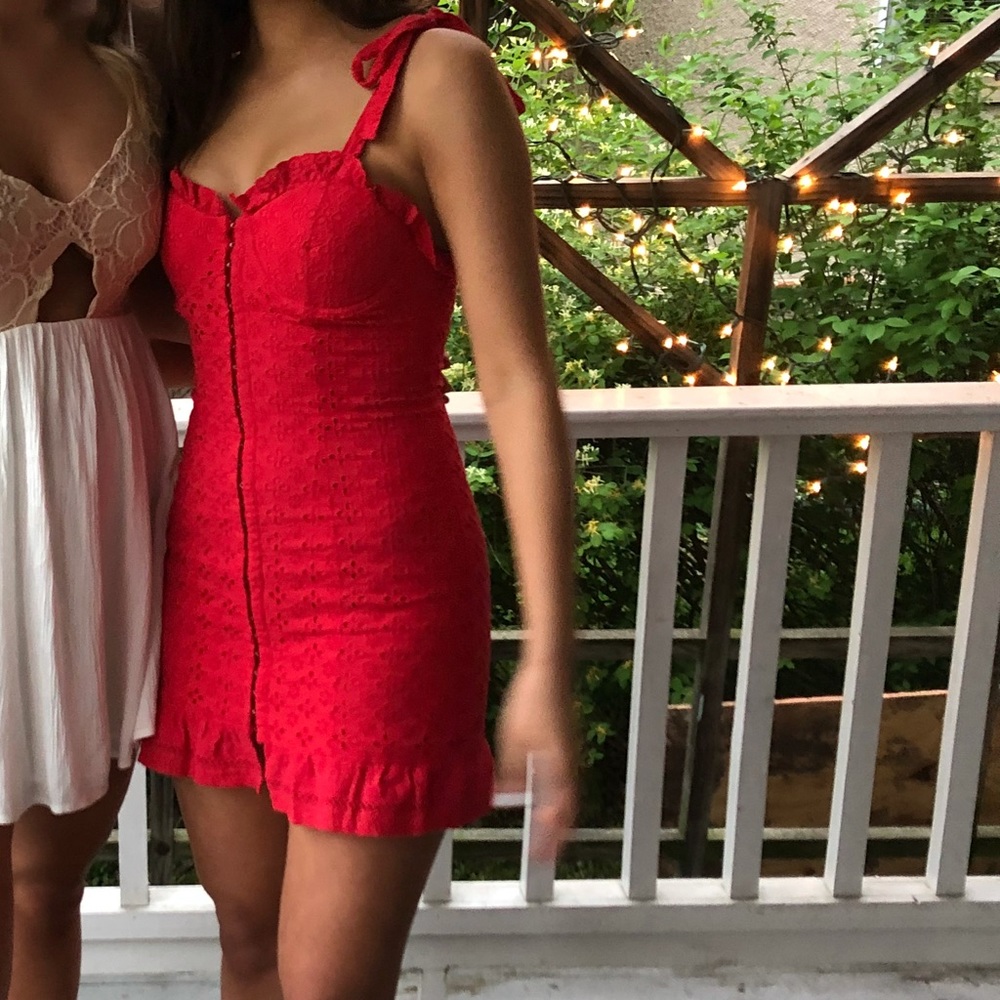 Majorelle red eyelet dress with “bra style” clasps